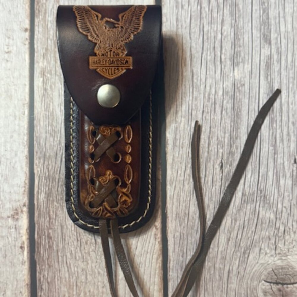 Vintage Tooled Leather Harley-Davidson Belt Loop Knife Sheath — Eagle Wing Desig